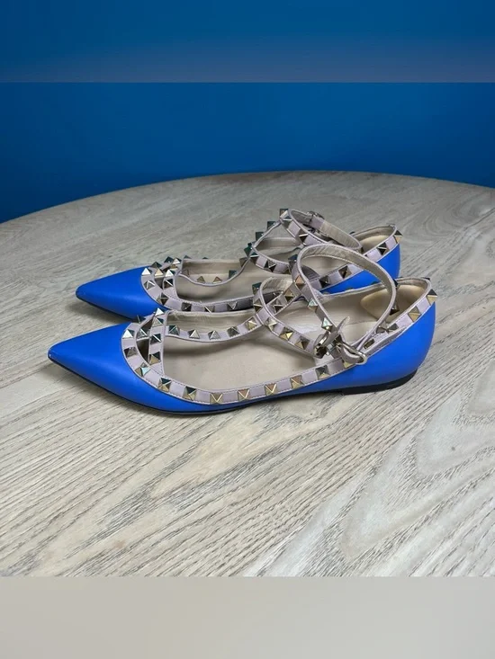 Valentino Garavani Rockstud Blue Leather Studded Ballet Flats Size 38.5 - Picture 5 of 11